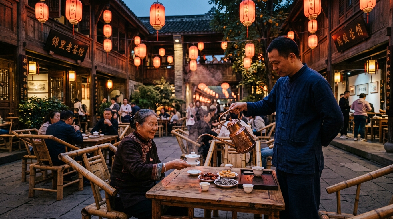 Chengdu traditional courtyard tea house and Jinli lantern alley