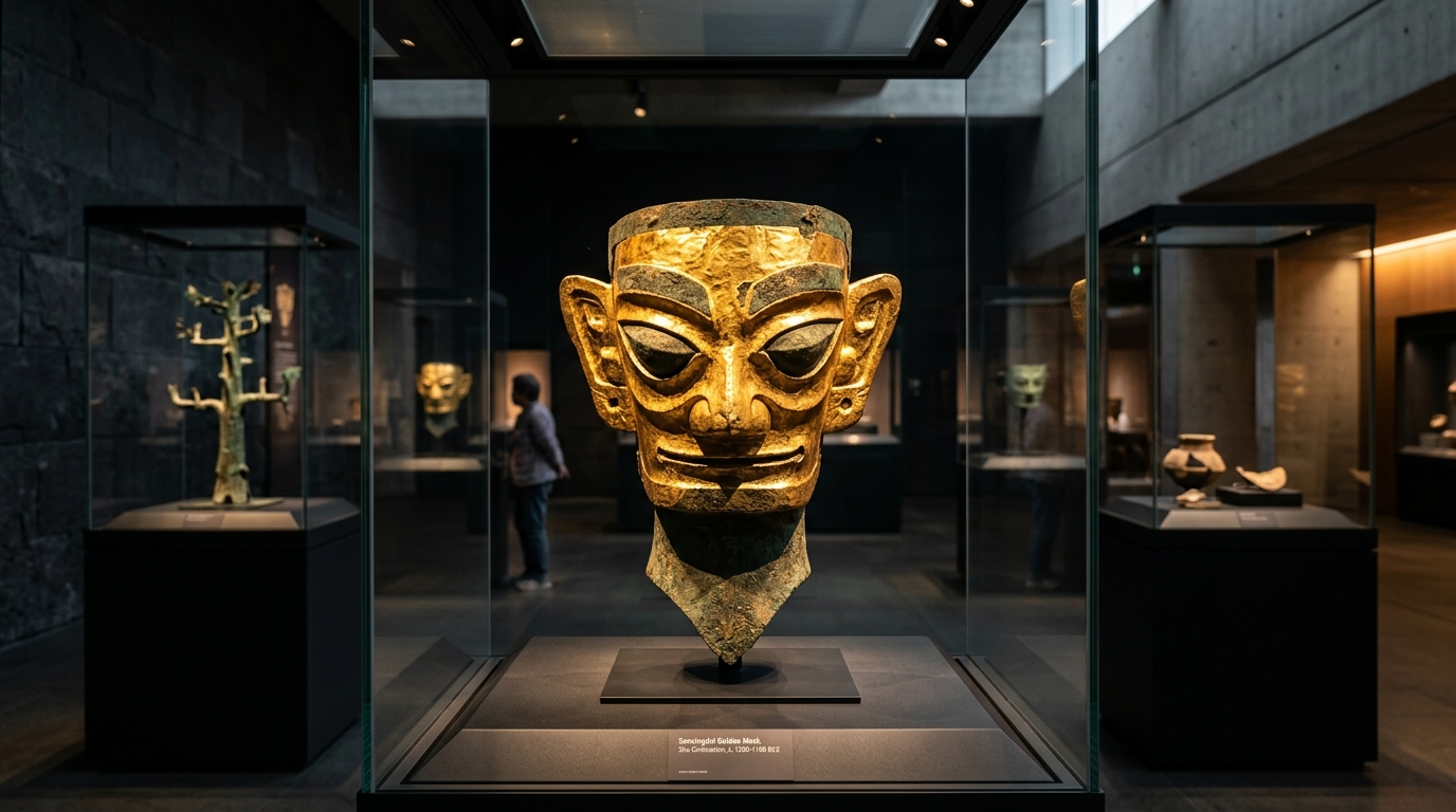 Sanxingdui ancient bronze and golden mask artifacts