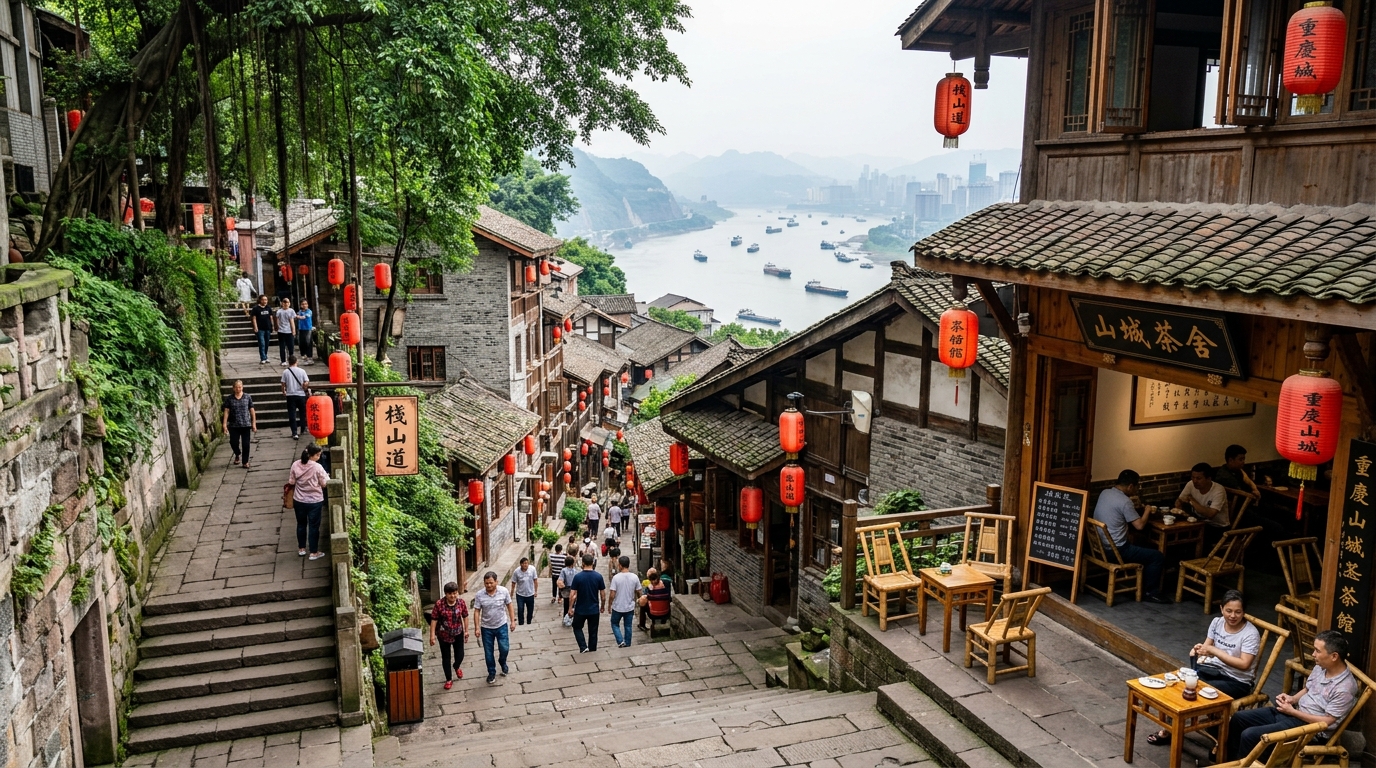 Chongqing Shancheng Trail traditional stone alleyways and river overlook