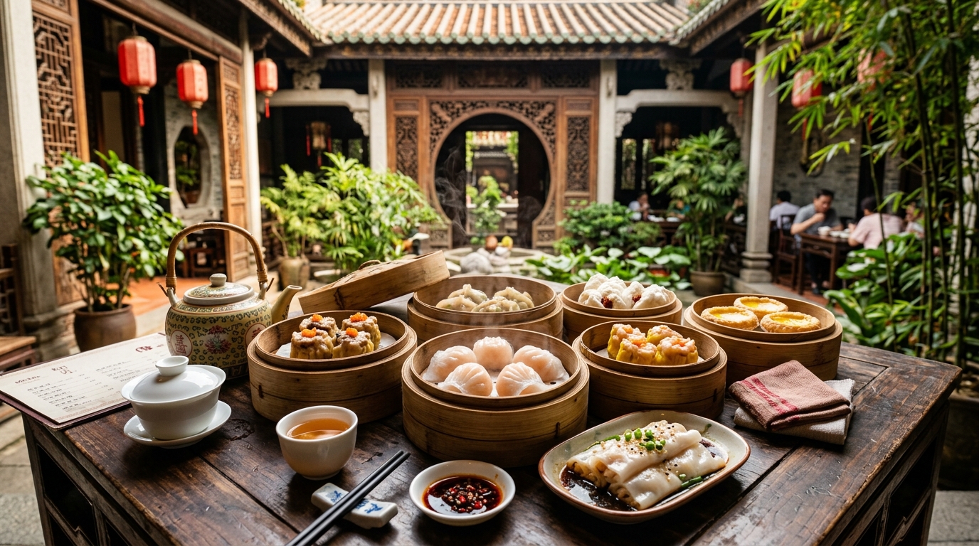 Authentic Cantonese morning tea dim sum spread in Lingnan courtyard