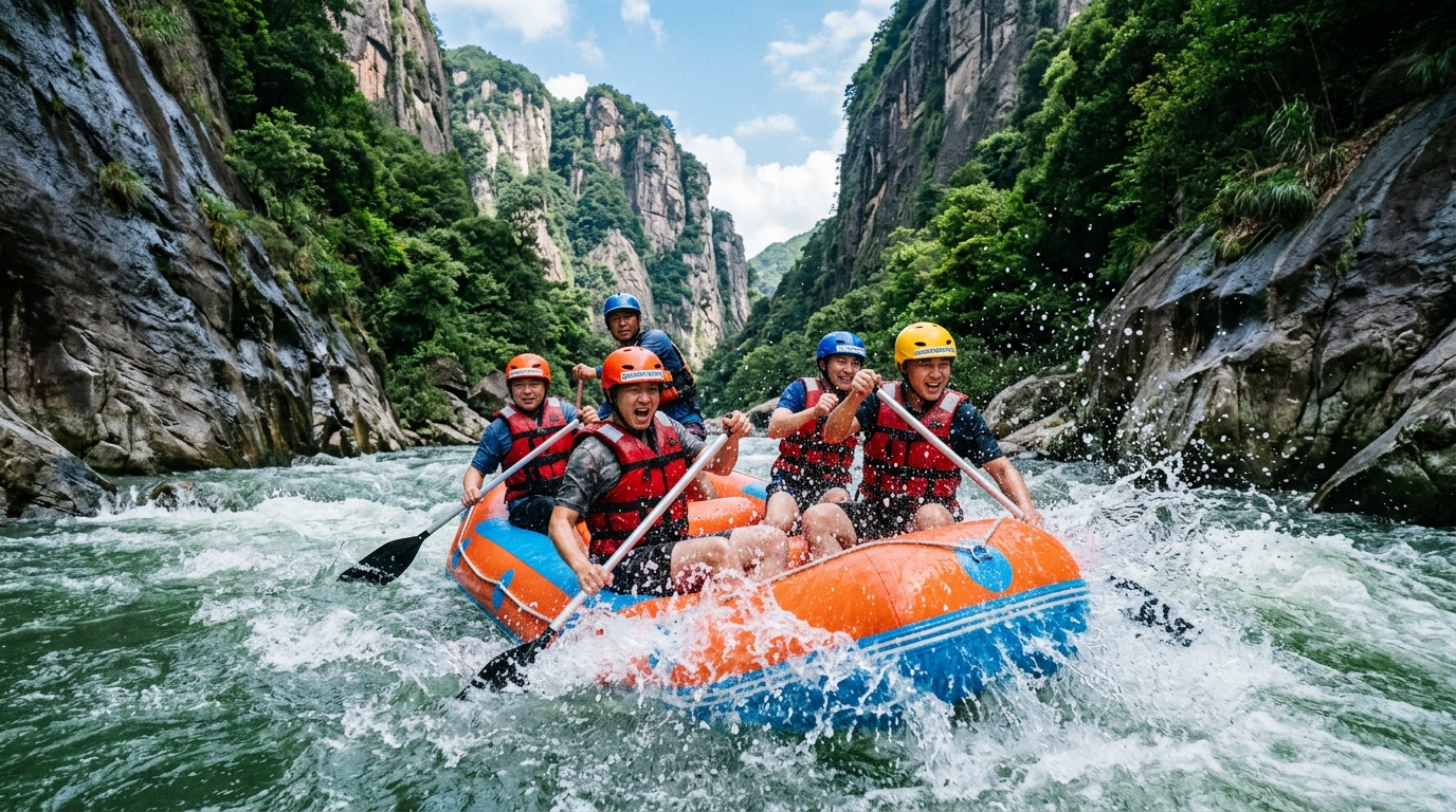 Huangteng Gorge Whitewater Rafting down emerald granite canyon