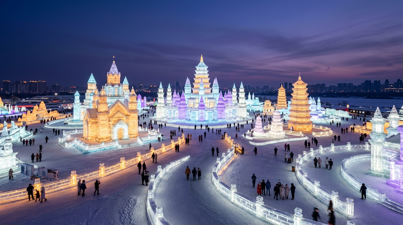 Illuminated Crystalline Palaces of Harbin Ice and Snow World