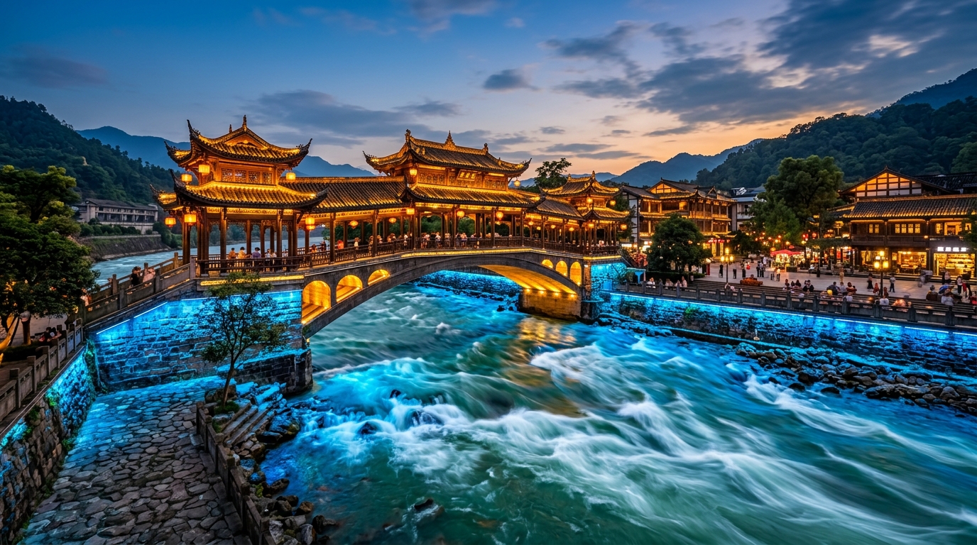 Dujiangyan Nanqiao illuminated bridge with rushing blue waters at dusk