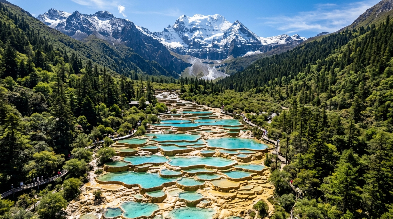 Huanglong tiered limestone cascades and snow-covered mountain peaks