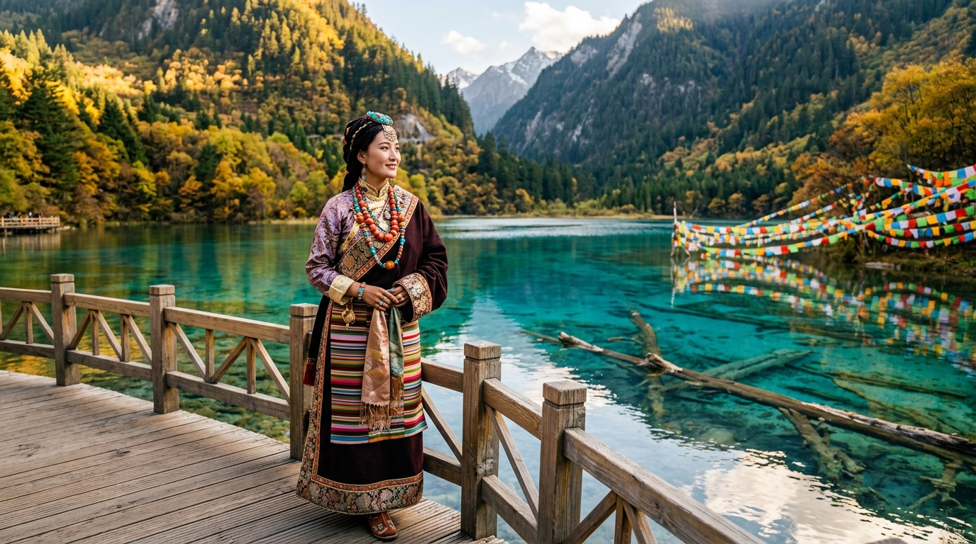 Traveler in authentic Tibetan ethnic clothing by Jiuzhaigou turquoise lake