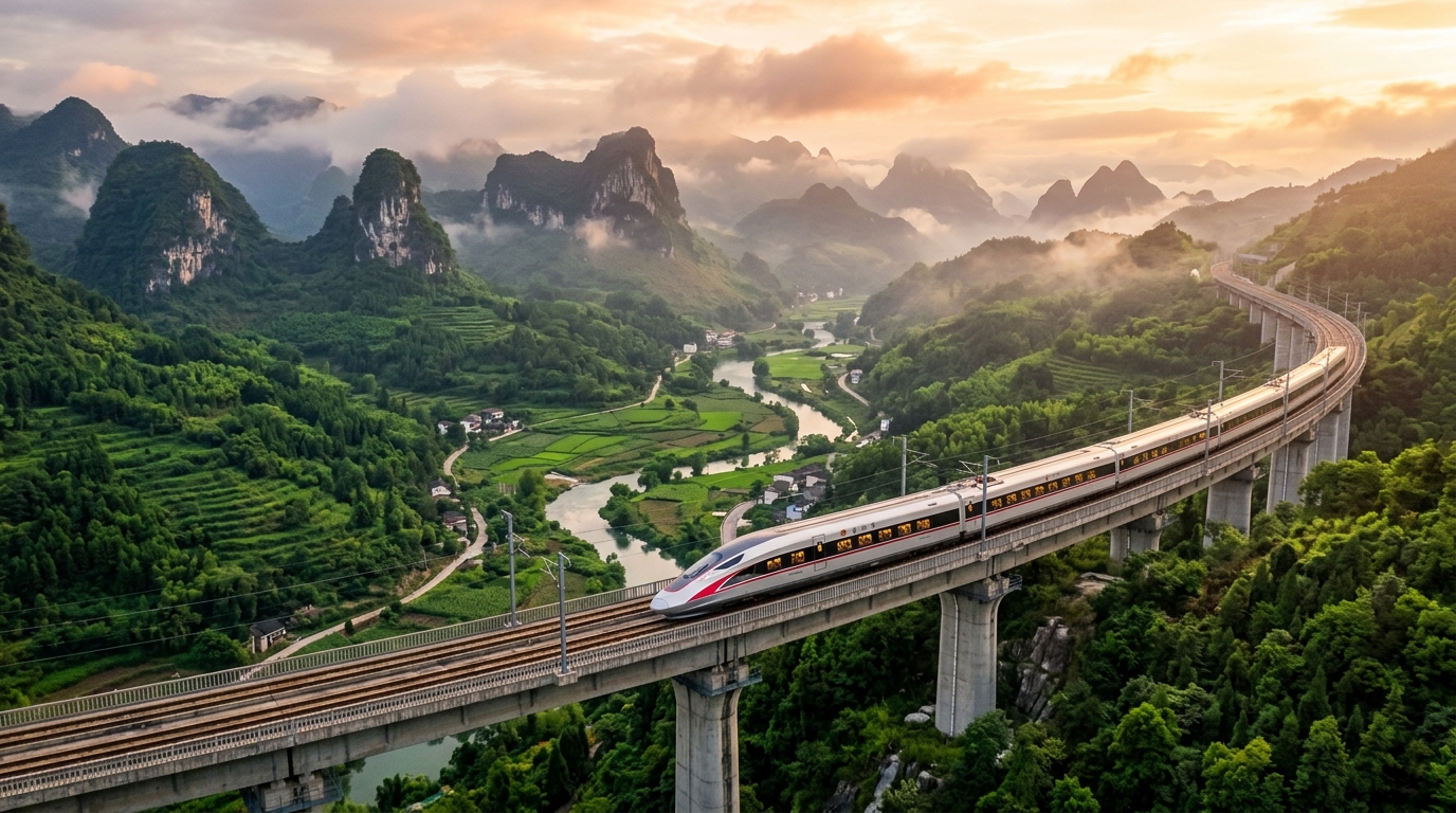 China high-speed bullet train crossing picturesque mountain bridges