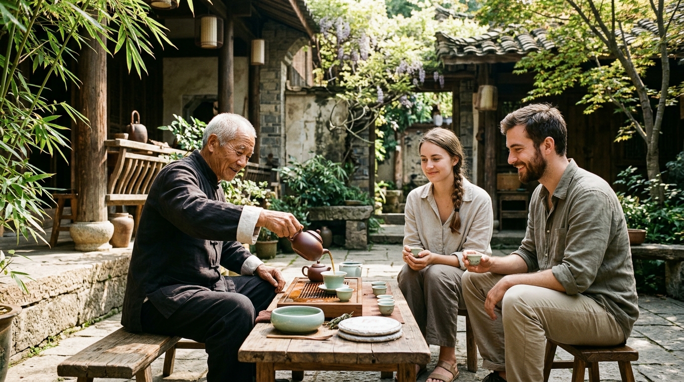 Authentic heritage tea master pouring ancient tree Pu'er tea for international guests in a quiet Yunnan courtyard