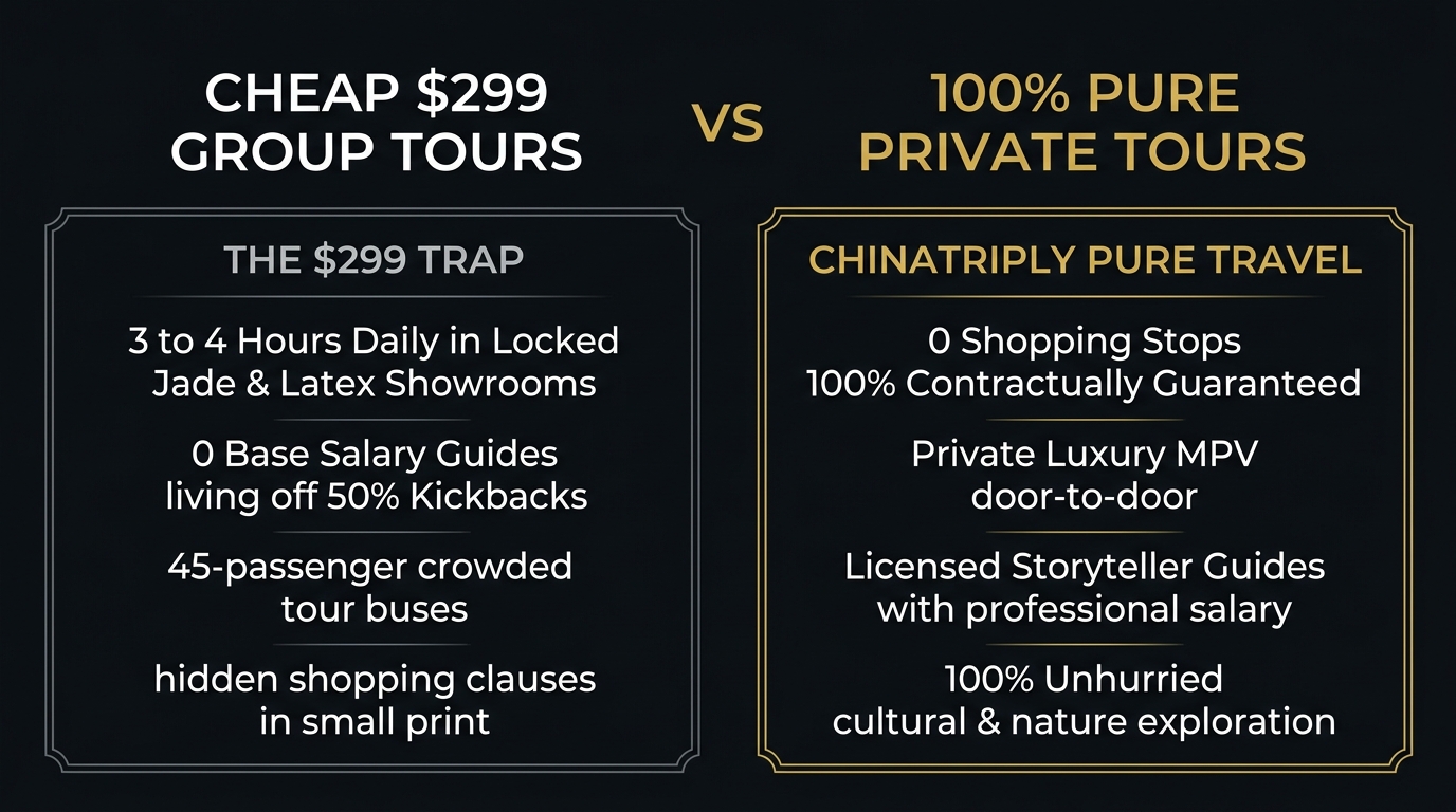 Comparison infographic between Cheap $299 Group Tours and 100% Pure ChinaTriply Private Tours