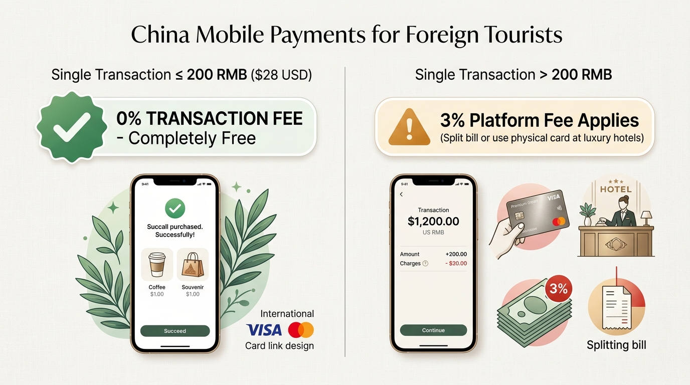 China Mobile Payments 200 RMB Fee Exemption Infographic