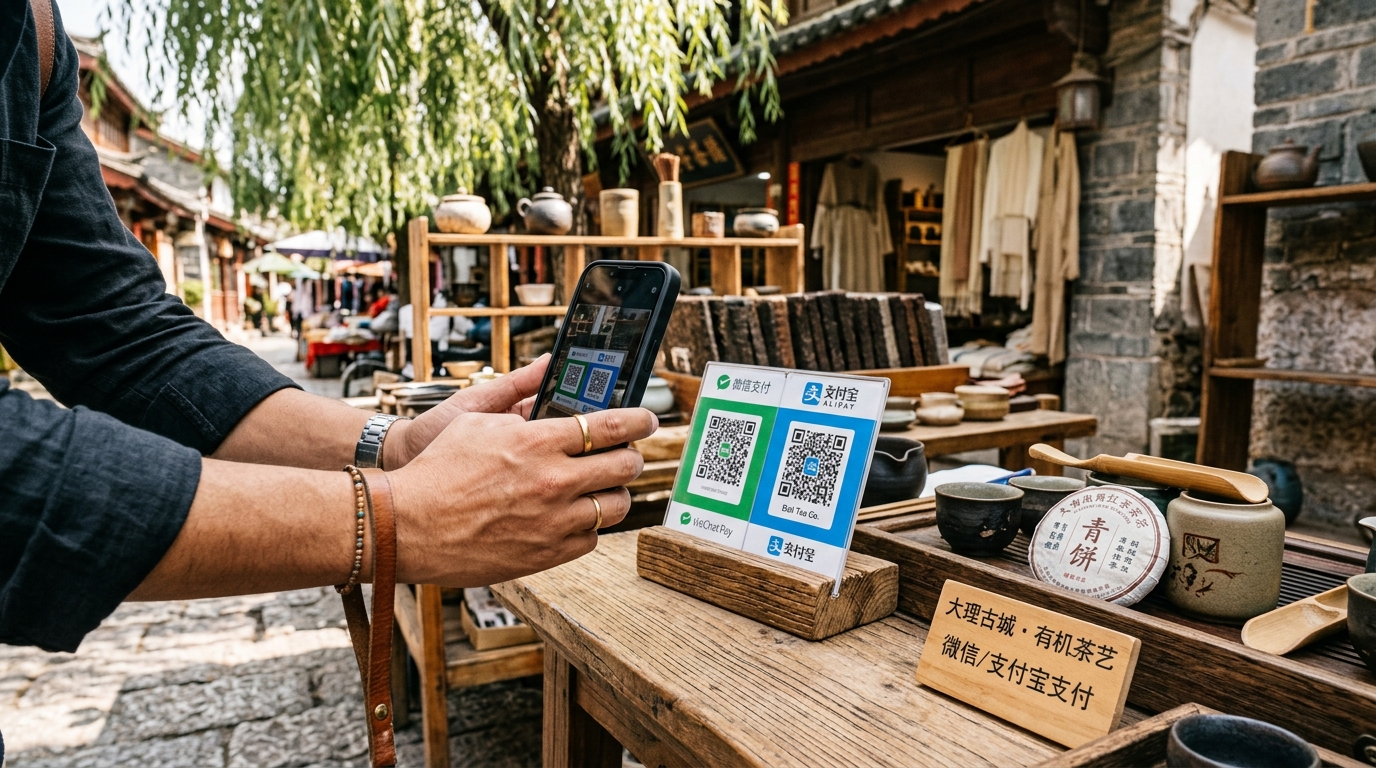 Foreign traveler scanning Alipay and WeChat Pay QR codes at an organic tea stall in Dali Ancient Town