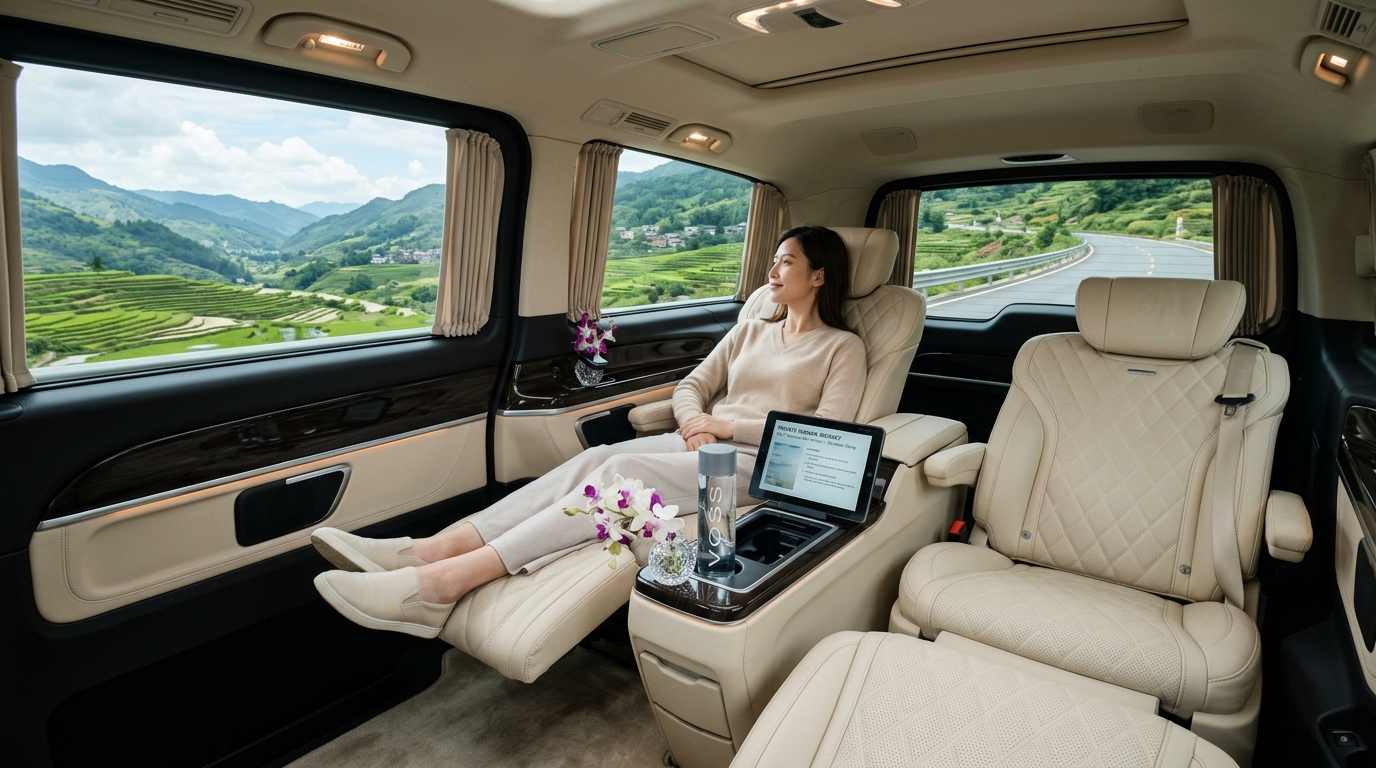 Luxury executive MPV interior with reclining captain chairs and scenic Yunnan mountain view