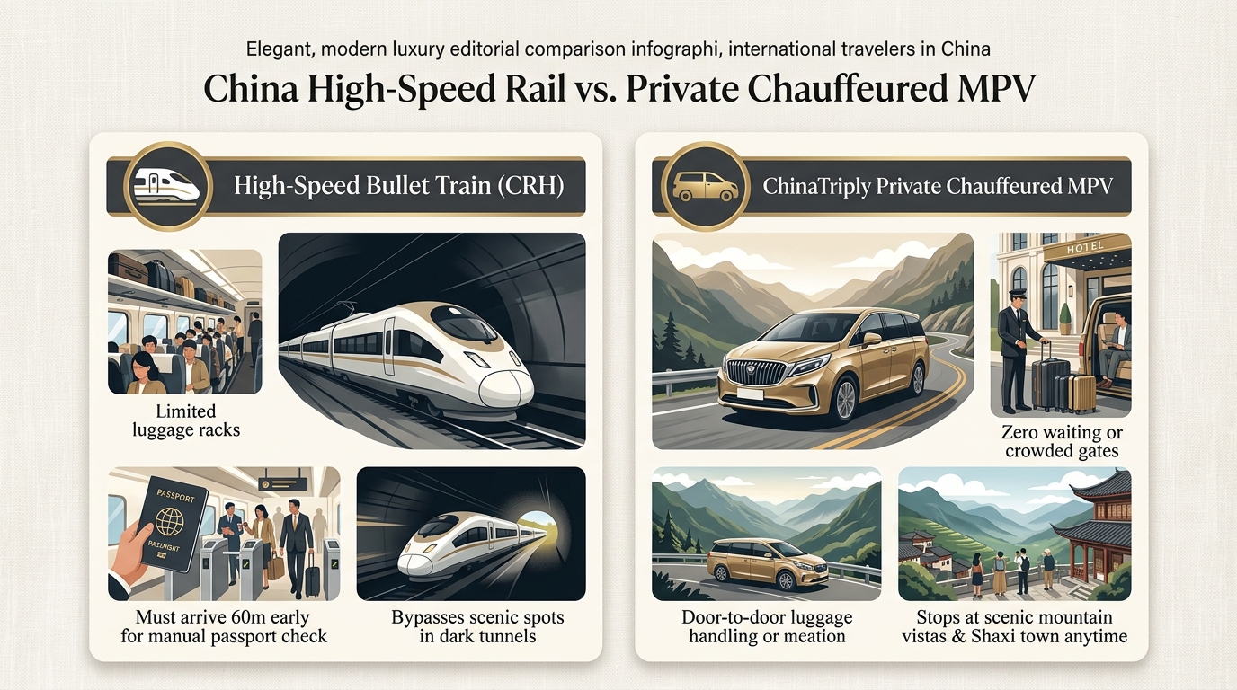 High-Speed Bullet Train vs Private Chauffeured MPV Comparison Infographic